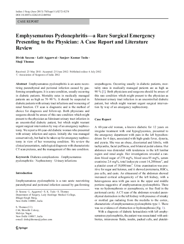 (PDF) Emphysematous Pyelonephritis—a Rare Surgical Emergency Presenting to the Physician A Case