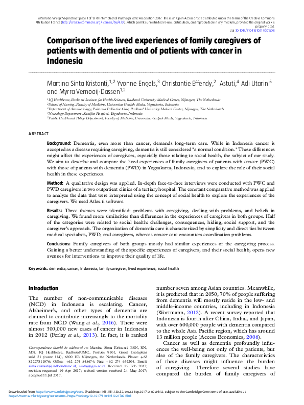 (PDF) Comparison of the lived experiences of family caregivers of ...