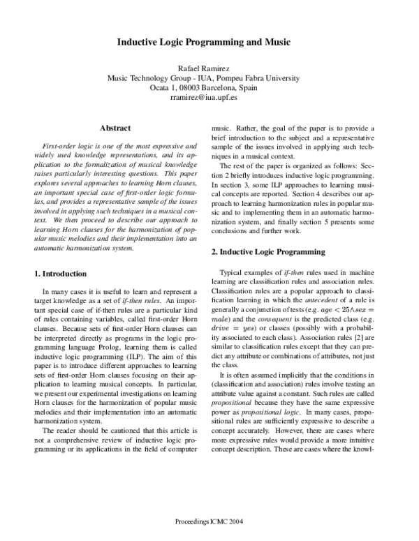 (PDF) Inductive Logic Programming and Music