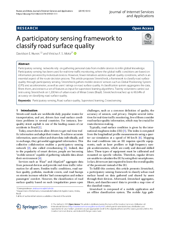 (PDF) A participatory sensing framework to classify road surface quality