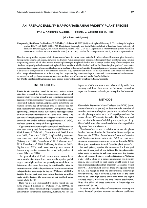 (PDF) An irreplaceability map for Tasmanian priority plant species