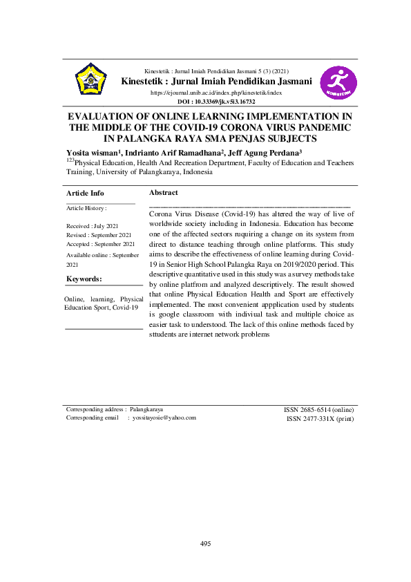 (PDF) Evaluation Of Online Learning Implementation In The Middle Of The ...