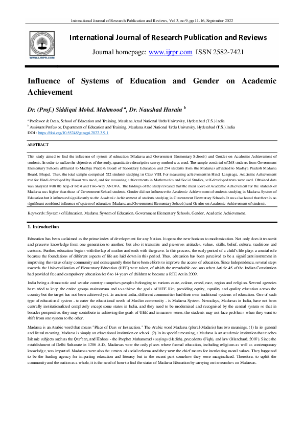 (PDF) Influence of Systems of Education and Gender on Academic Achievement