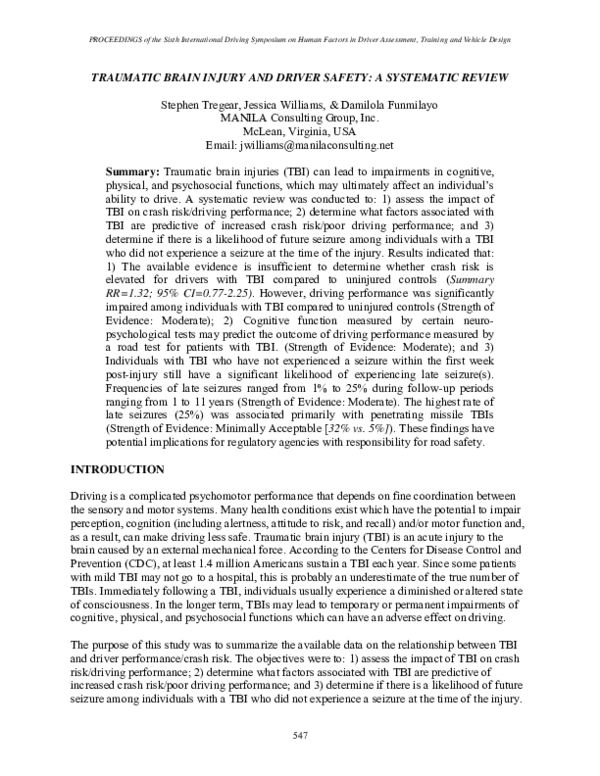 (PDF) Traumatic Brain Injury and Driver Safety: A Systematic Review