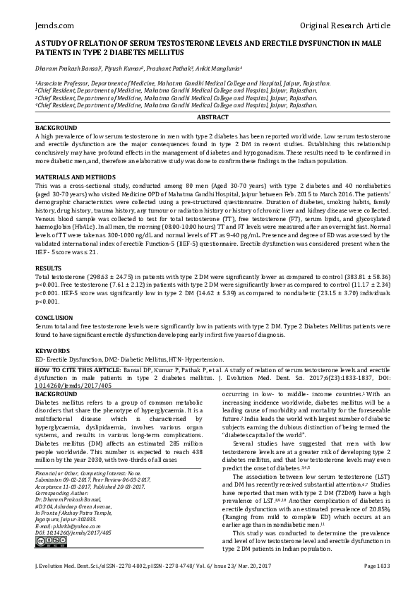 (PDF) Testosterone Levels and Erectile Dysfunction in Type 2 DM