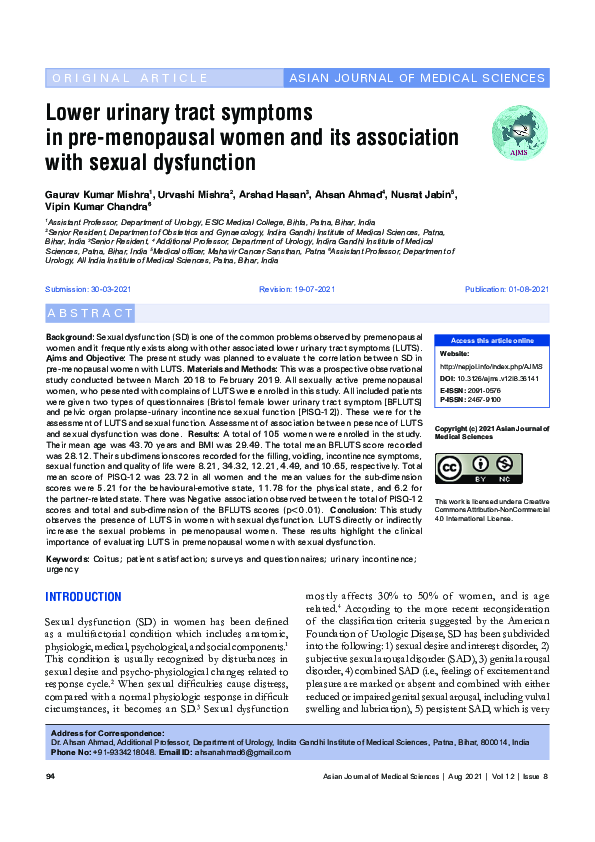 (PDF) Lower urinary tract symptoms in pre-menopausal women and its ...