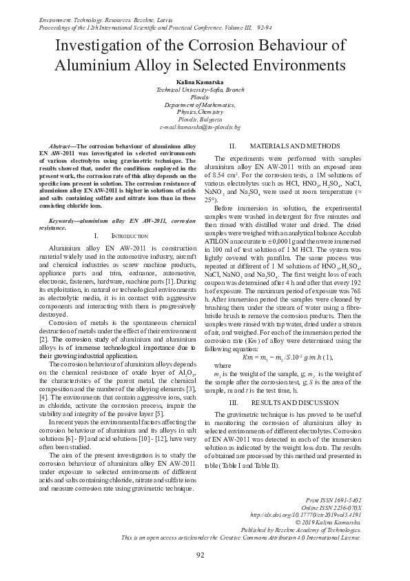 (PDF) Investigation of the Corrosion Behaviour of Aluminium Alloy in ...