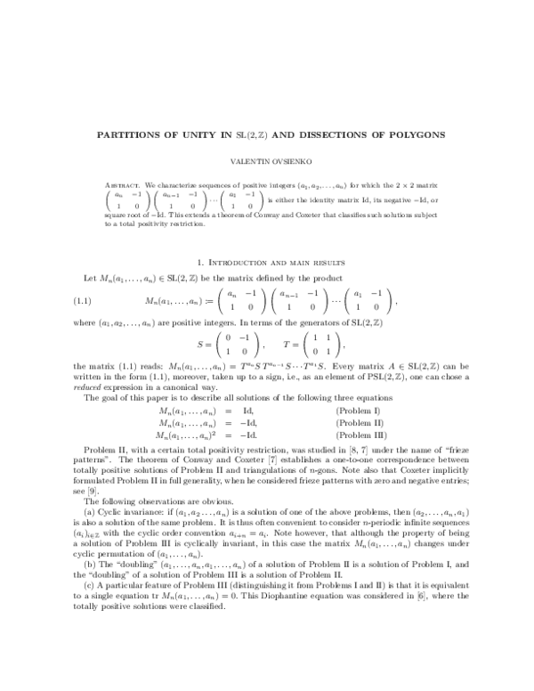 (PDF) Partitions of Unity in SL(2,Z) and Dissections of Polygons