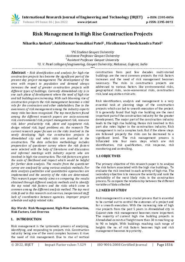 (PDF) Risk Management In High Rise Construction Projects