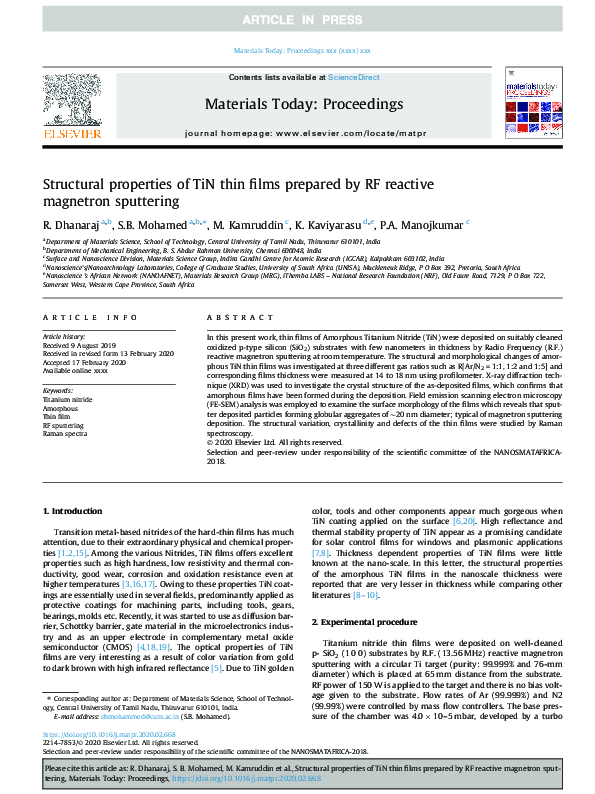 (PDF) Structural properties of TiN thin films prepared by RF reactive ...