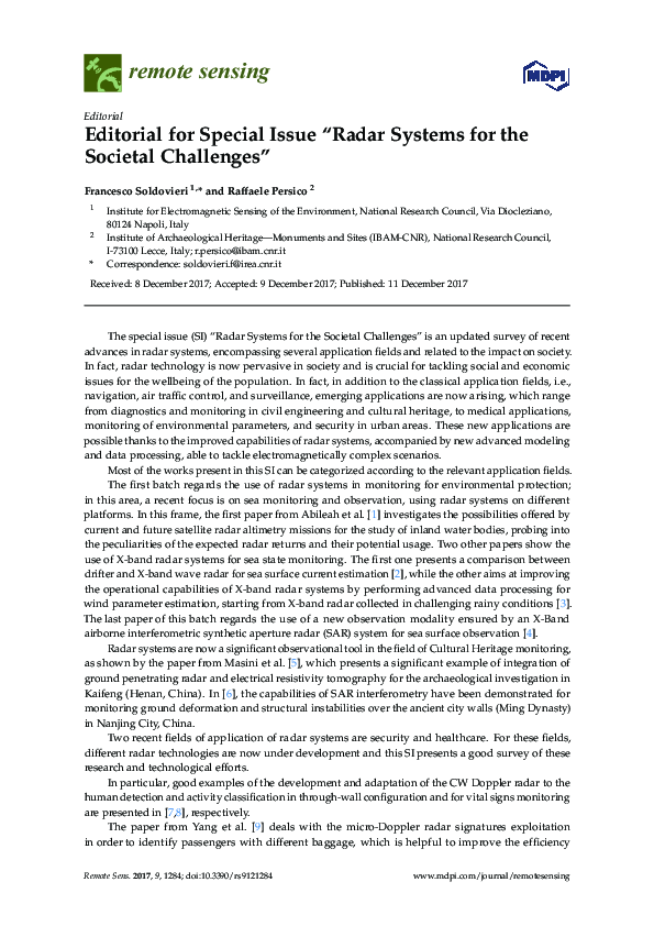 (PDF) Editorial for Special Issue “Radar Systems for the Societal ...