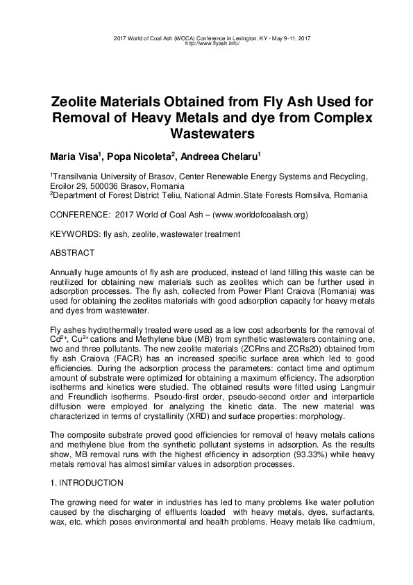 (PDF) Zeolite Materials Obtained from Fly Ash Used for Removal of Heavy ...