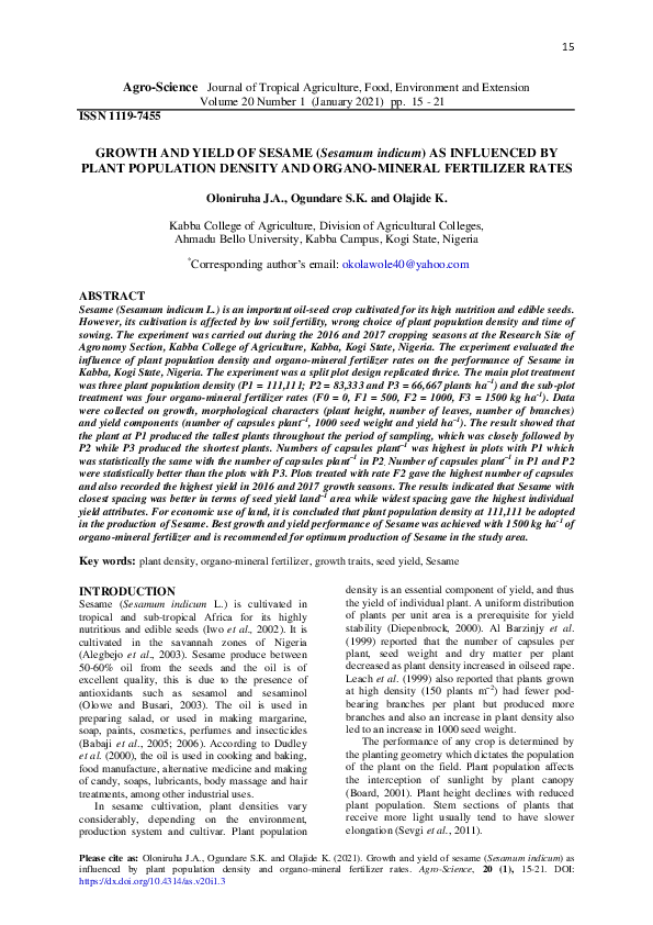 (PDF) Growth and yield of Sesame (Sesamum indicum) as influenced by ...