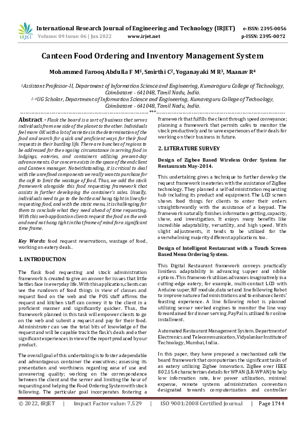 (PDF) Canteen Food Ordering and Inventory Management System IRJET