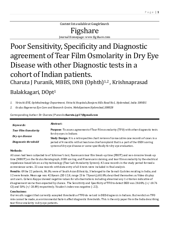 (PDF) Poor Sensitivity, Specificity and Diagnostic agreement of Tear ...