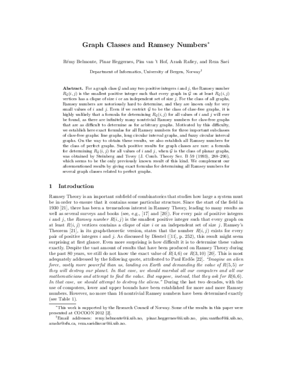 (PDF) Graph classes and Ramsey numbers