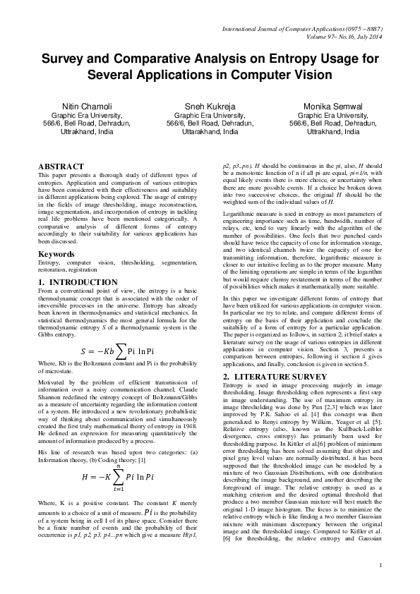 (PDF) Survey and Comparative Analysis on Entropy Usage for Several ...