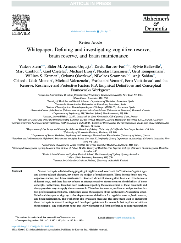 (PDF) Whitepaper: Defining and investigating cognitive reserve, brain ...