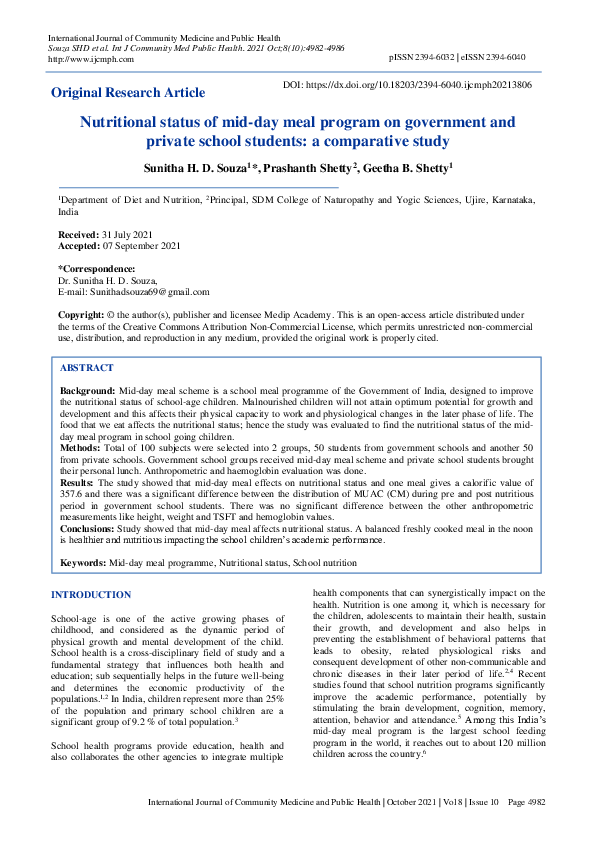 (PDF) Nutritional status of mid-day meal program on government and ...