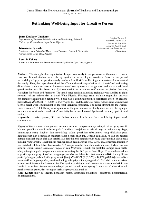 (PDF) Rethinking Well-Being Input for Creative Person