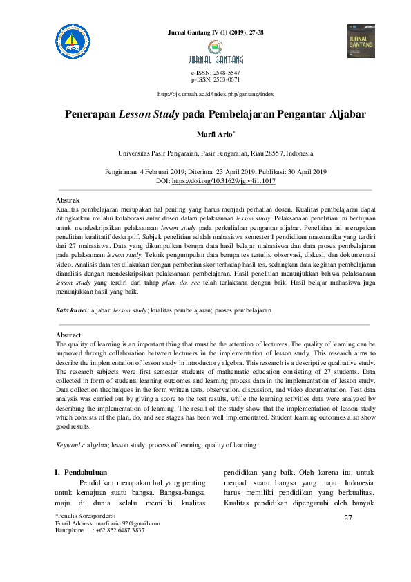 (PDF) Penerapan Lesson Study pada Perkuliahan Pengantar Aljabar | Marfi ...