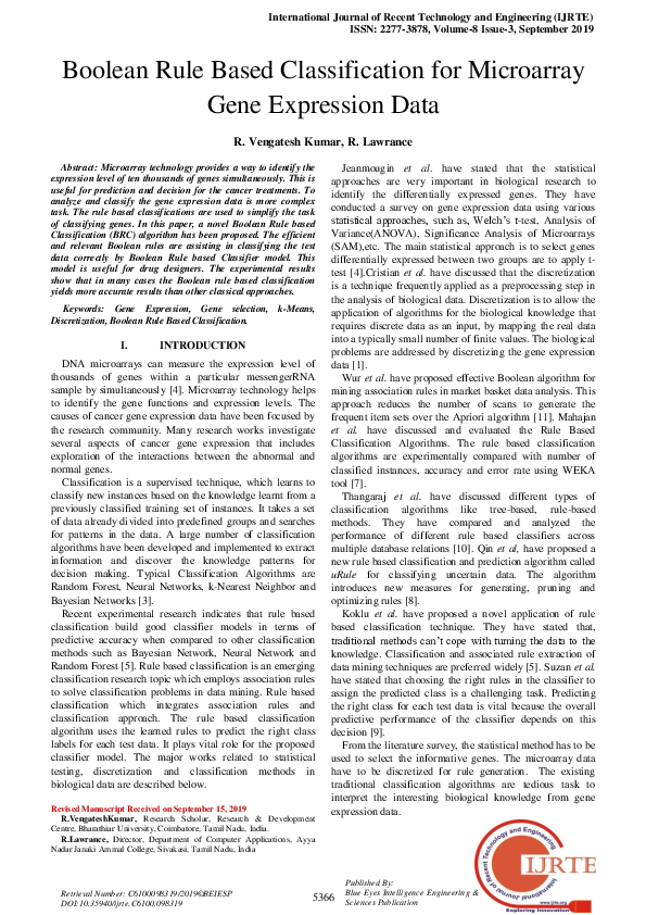 (PDF) Boolean Rule Based Classification for Microarray Gene Expression Data