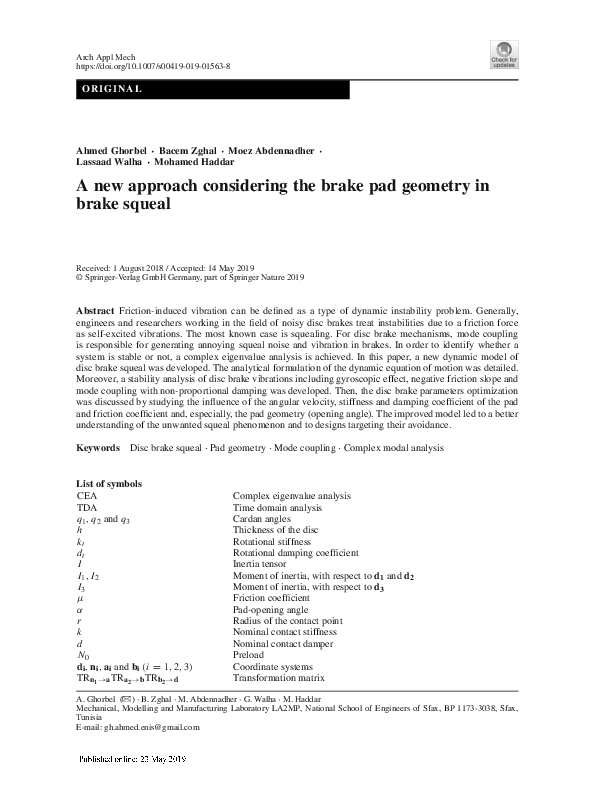 (PDF) A new approach considering the brake pad geometry in brake squeal