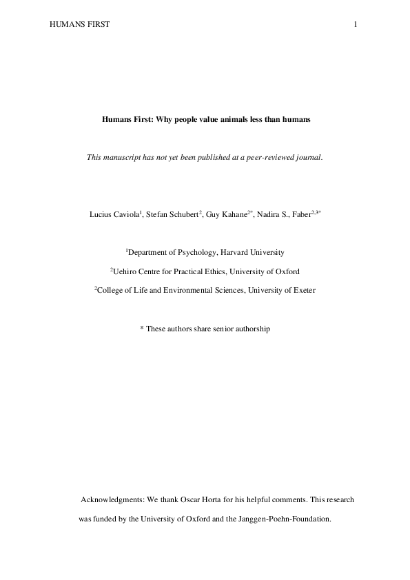 (PDF) Humans First Why people value animals less than humans Guy