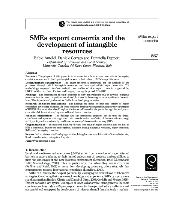 (PDF) SMEs export consortia and the development of intangible resources