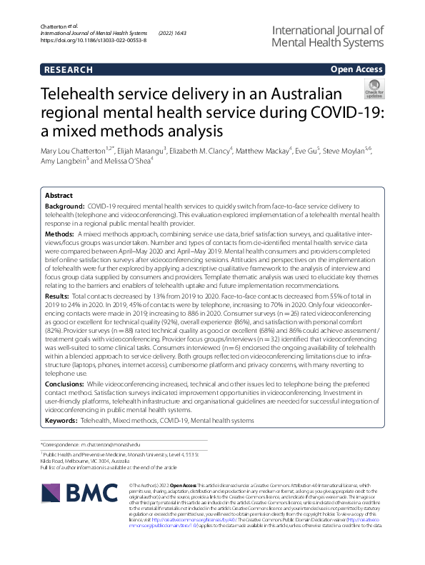 (PDF) Telehealth service delivery in an Australian regional mental ...
