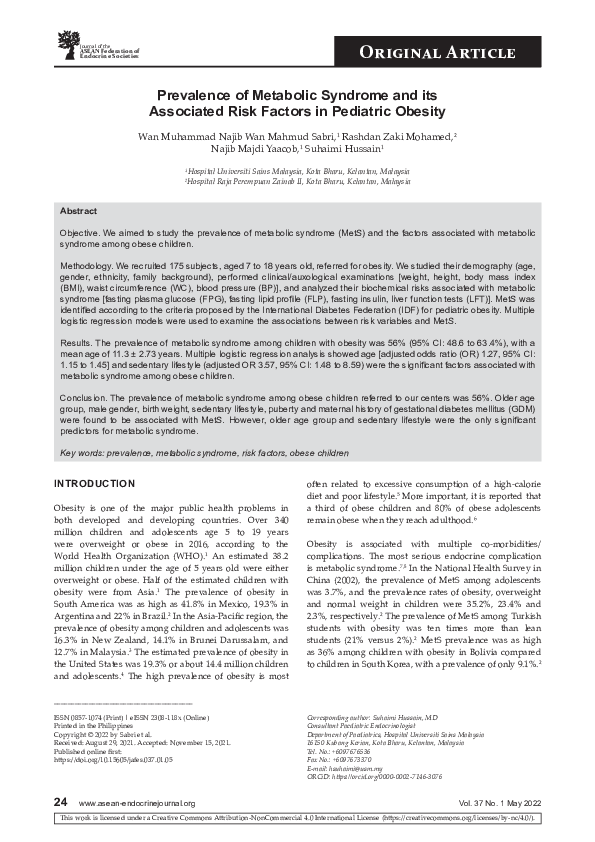(PDF) Prevalence of Metabolic Syndrome and its Associated Risk Factors ...