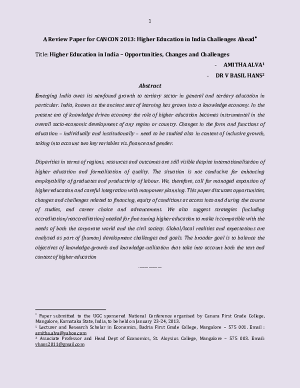 (PDF) Higher Education in India – Opportunities, Changes and Challenges