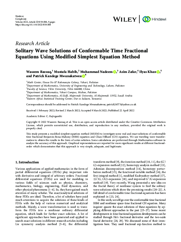 (PDF) Solitary Wave Solutions of Conformable Time Fractional Equations ...