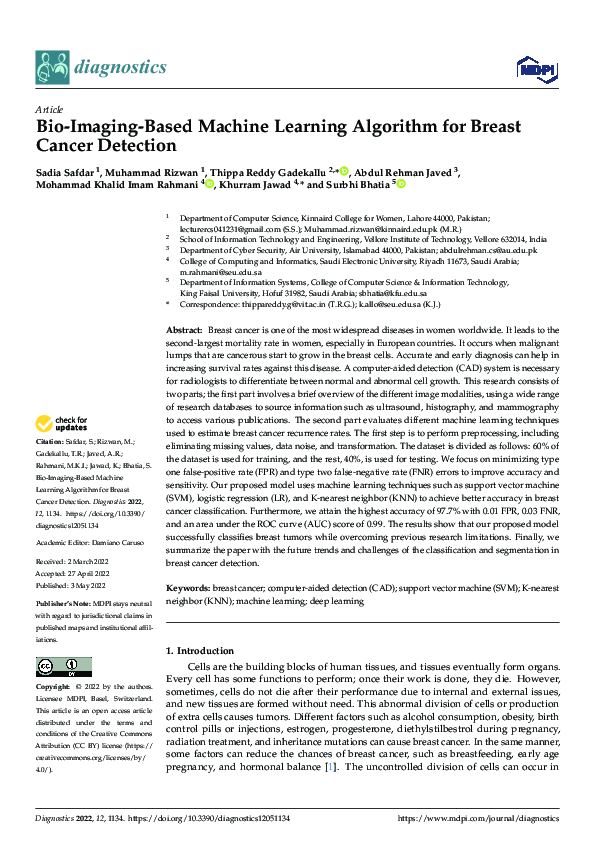 (PDF) Bio-Imaging-Based Machine Learning Algorithm for Breast Cancer ...