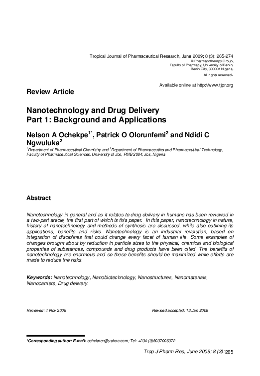 (PDF) Nanotechnology and Drug Delivery Part 1: Background and Applications