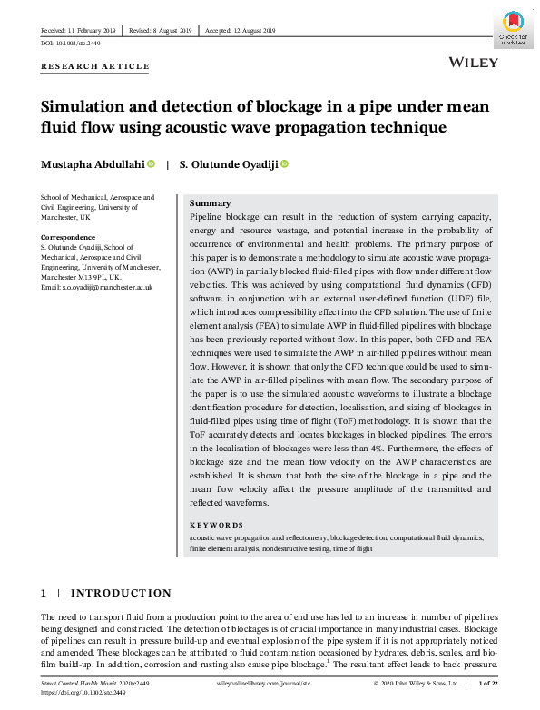 (PDF) Simulation and detection of blockage in a pipe under mean fluid ...