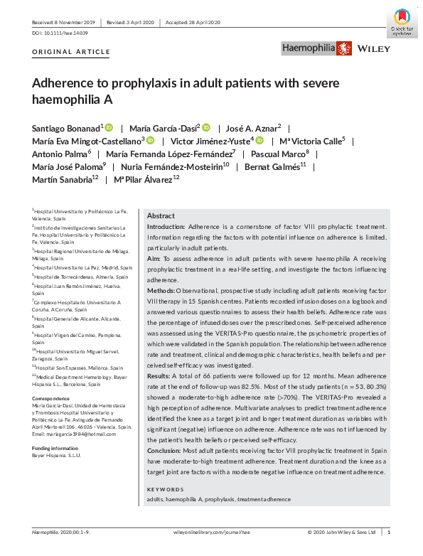 (PDF) Adherence to prophylaxis in adult patients with severe haemophilia A