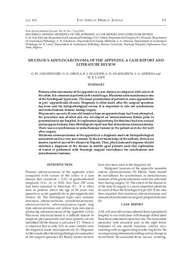 (PDF) Mucinous adenocarcinoma of the appendix: A case report and ...