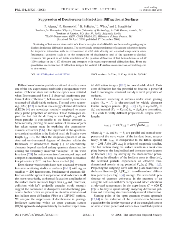 (PDF) Suppression of Decoherence in Fast-Atom Diffraction at Surfaces
