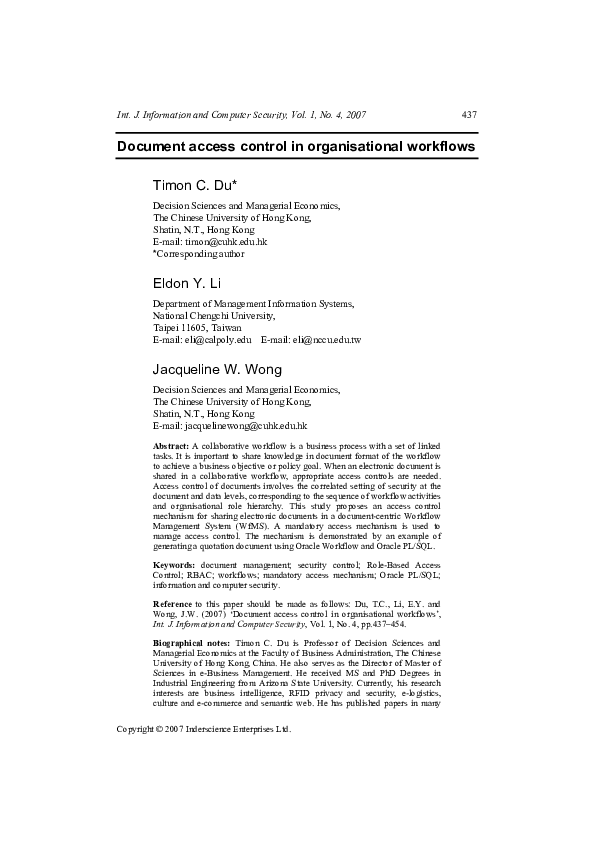 (PDF) Document access control in organisational workflows