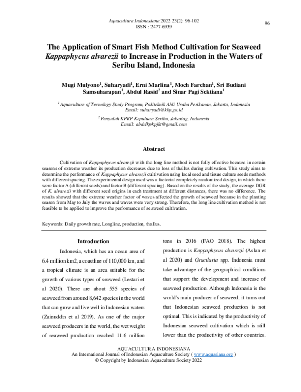 (PDF) The Application of Smart Fish Method Cultivation for Seaweed ...