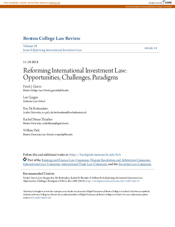Reforming International Investment Law: Opportunities, Challenges, Paradigms