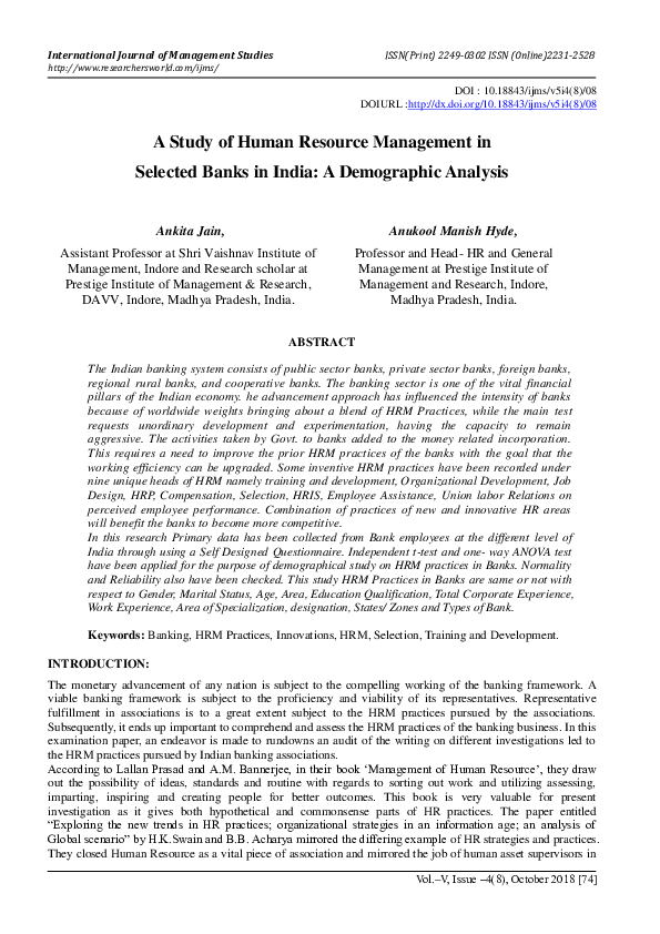 (PDF) A Study of Human Resource Management in Selected Banks in India ...