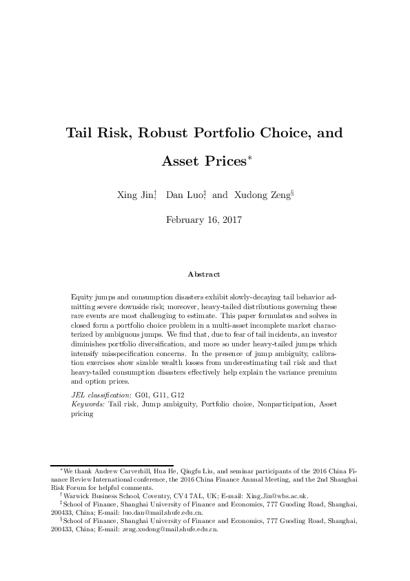 (PDF) Tail Risk, Robust Portfolio Choice, and Asset Prices Xing Jin