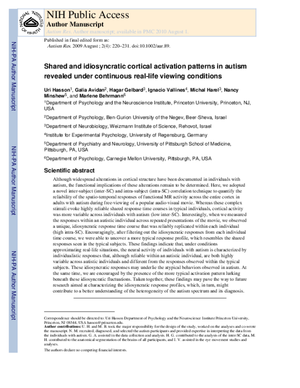 (PDF) Shared and idiosyncratic cortical activation patterns in autism ...