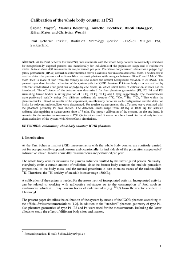 (PDF) Calibration of the whole body counter at PSI