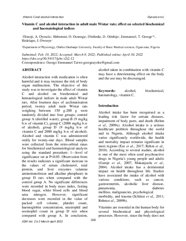 (PDF) Vitamin C and alcohol interaction in adult male Wistar rats; effect on selected