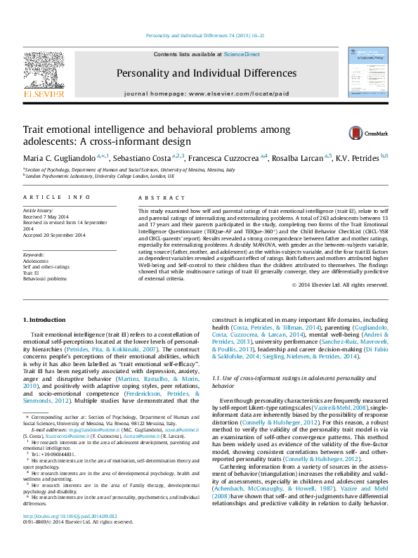 (PDF) Trait emotional intelligence and behavioral problems among ...
