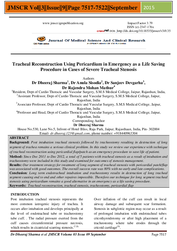 (PDF) Tracheal Reconstruction Using Pericardium in Emergency as a Life