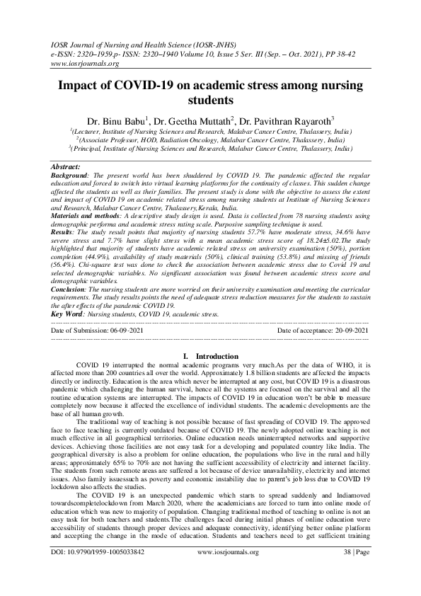 (PDF) Impact of COVID-19 on academic stress among nursing students | Dr ...